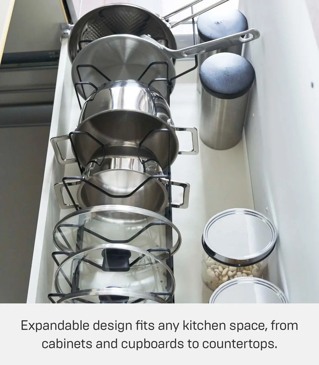 YAMAZAKI Adjustable Lid & Pan Organizer | Modern Steel Kitchen Storage Shelf Rack in Black - view 4