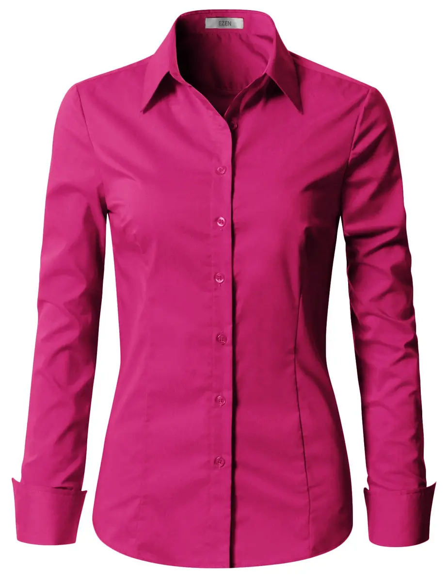 EZEN Womens Slim-Fit Long-Sleeve Stretchy Button-Down Collared Shirt Blouse (WBDS003-DEEP Pink-XL) | Slim Fit, Cotton & Spandex, Perfect for Indian Climate - main product image