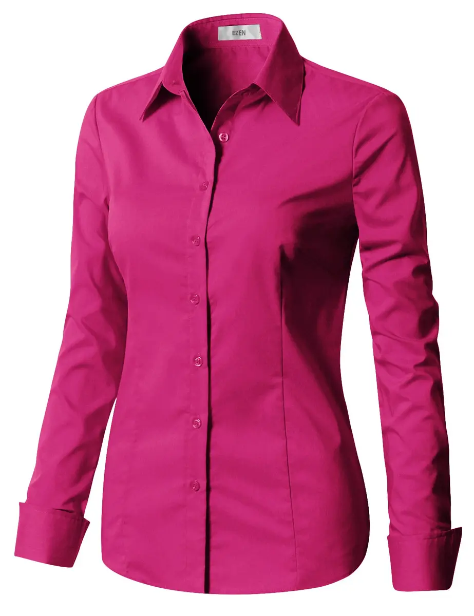 EZEN Womens Slim-Fit Long-Sleeve Stretchy Button-Down Collared Shirt Blouse (WBDS003-DEEP Pink-XL) | Slim Fit, Cotton & Spandex, Perfect for Indian Climate - view 3