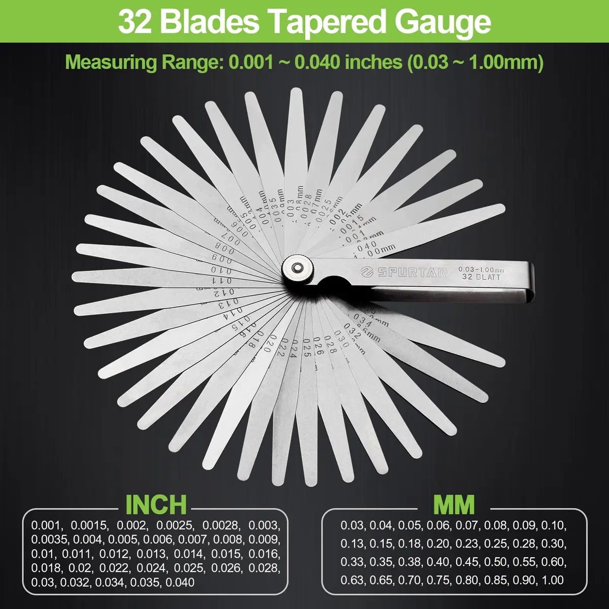 Spurtar Feeler Gauges 0.001-0.04" (0.03-1.00mm) 32 Blades Tapered - view 2
