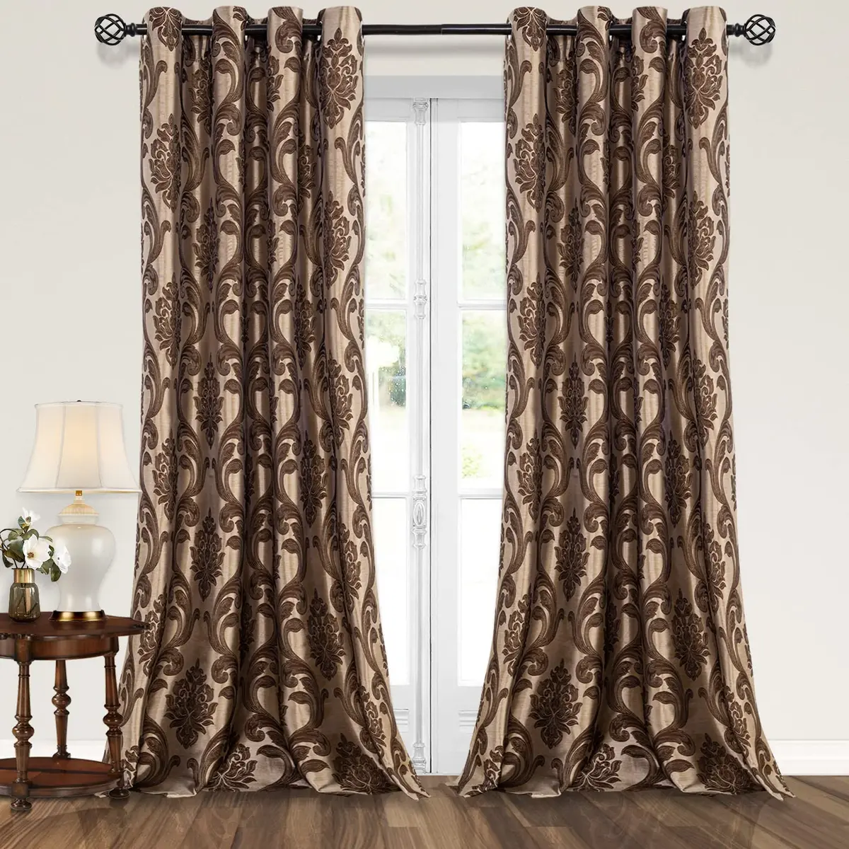 NAPEARL Brown Damask Curtains 52x108 Inches | Victorian Jacquard Living Room Drapes - main product image