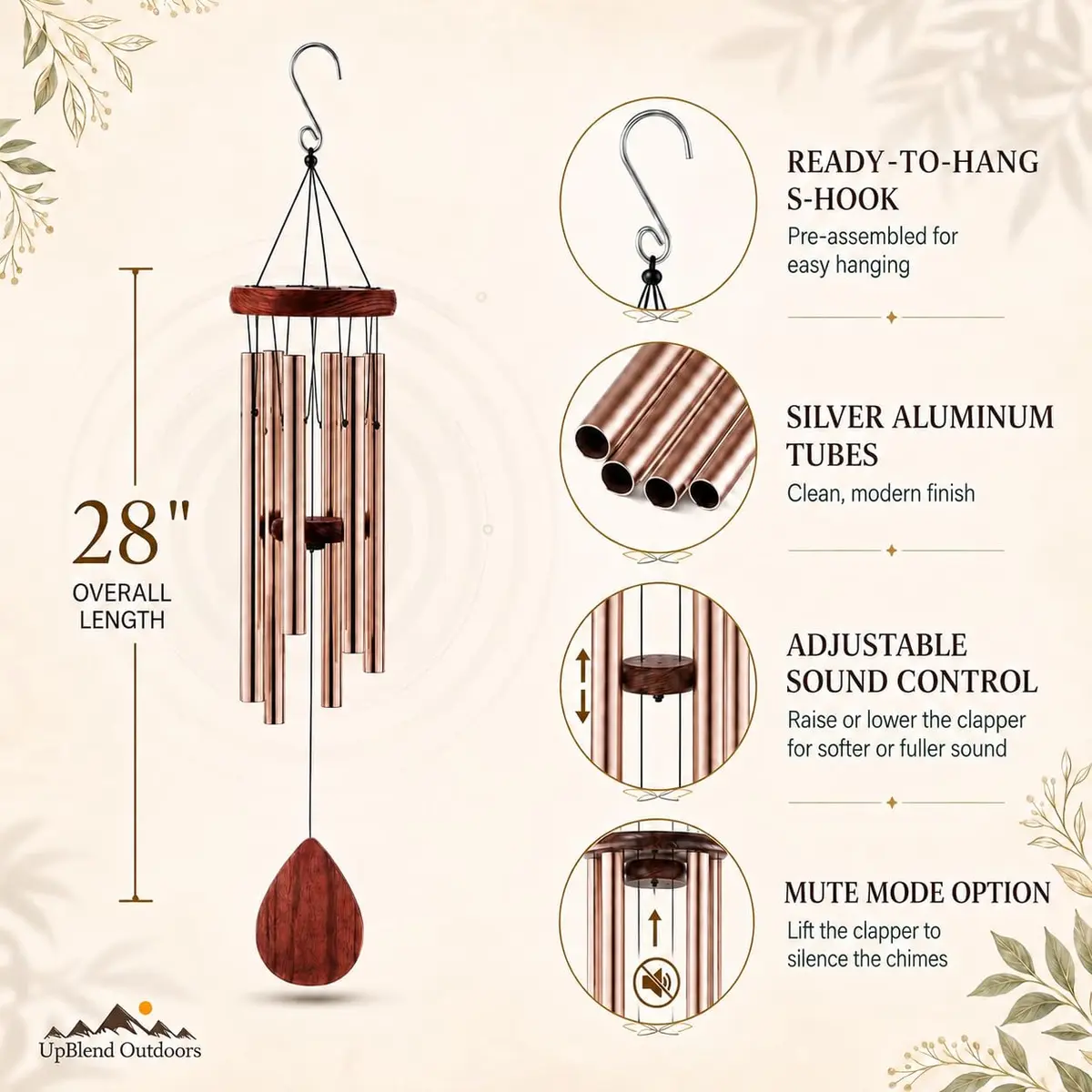 UpBlend Outdoors Havasu Bronze Aluminum Wind Chime 71cm (28") | Hand-Tuned E Major Pentatonic Scale - view 8
