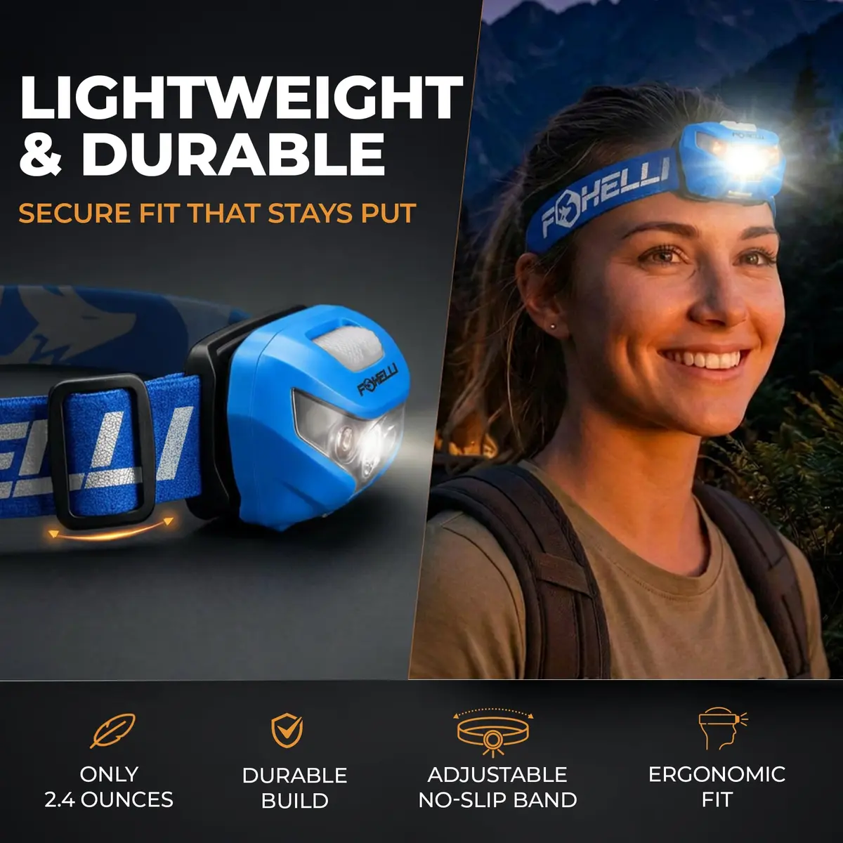 Foxelli USB-C Rechargeable LED Headlamp 160 Lumens | Waterproof, Lightweight & Adjustable for Outdoors & Kids - view 4
