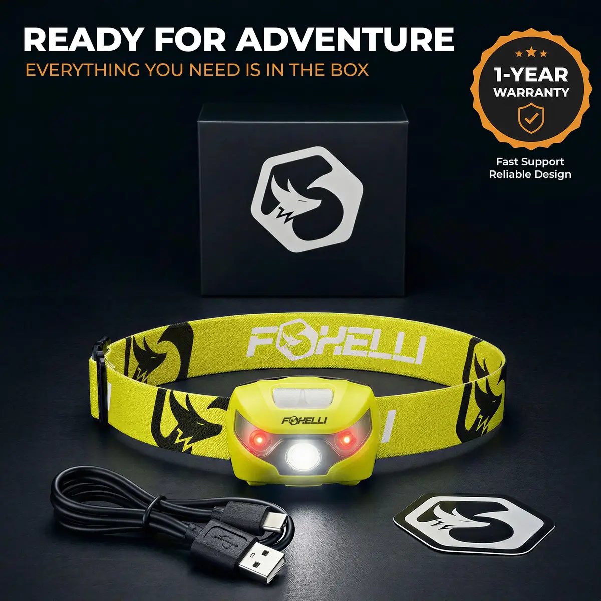 Foxelli USB-C Rechargeable LED Headlamp 160 Lumens | Waterproof, Lightweight & Adjustable for Outdoors & Kids - view 6