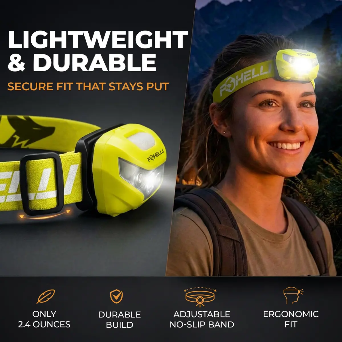 Foxelli USB-C Rechargeable LED Headlamp 160 Lumens | Waterproof, Lightweight & Adjustable for Outdoors & Kids - view 4