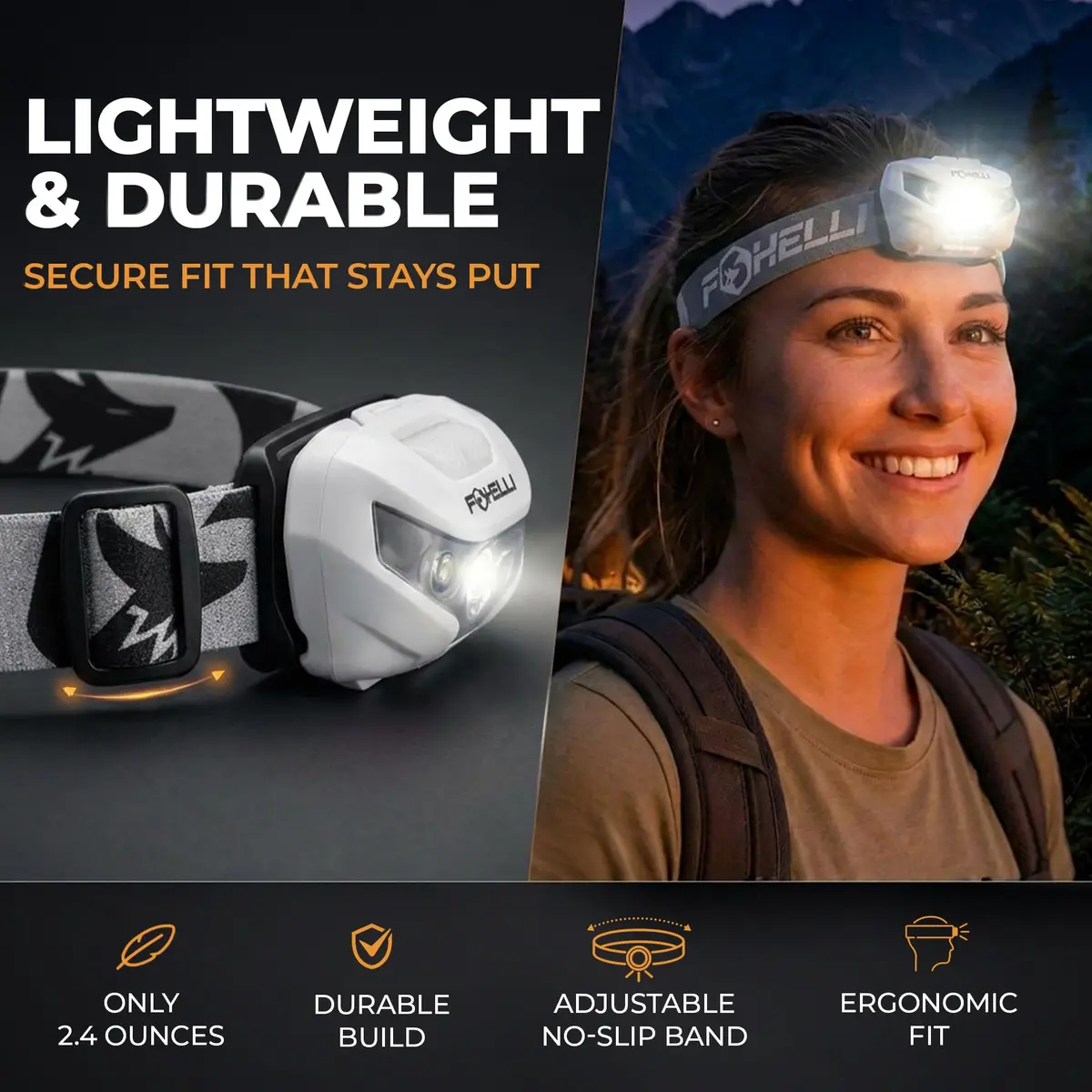 Foxelli USB-C Rechargeable LED Headlamp – Super Bright, Lightweight Head Lamp for Running, Camping, Hiking & Work – Comfortable Fit for Adults & Kids - view 4