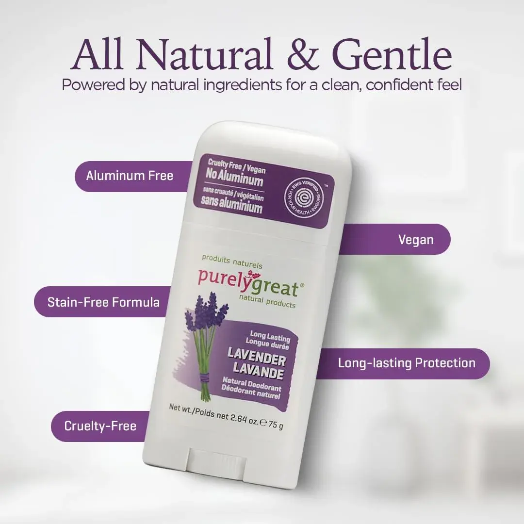 Purelygreat Lavender Scented Natural Deodorant Stick 75g (2.64 oz) | Aluminum-Free Odor Protection - view 3