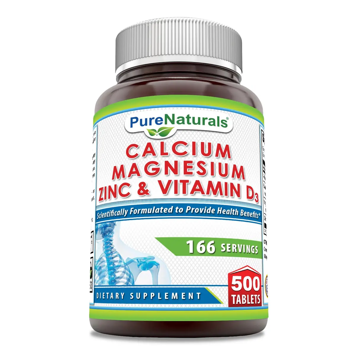 Pure Naturals Calcium Magnesium Zinc Vitamin D3 Supplement | Calcium 1000mg, Magnesium 400mg, Zinc 25mg, Vitamin D3 600 IU | Gluten Free (500 Tablets) - main product image