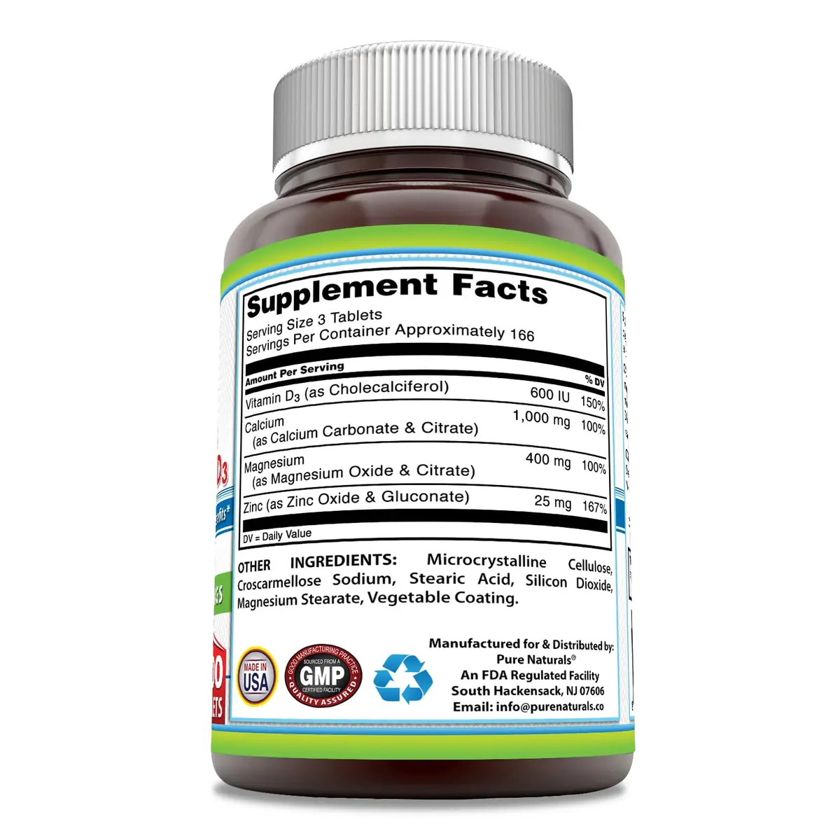 Pure Naturals Calcium Magnesium Zinc Vitamin D3 Supplement | Calcium 1000mg, Magnesium 400mg, Zinc 25mg, Vitamin D3 600 IU | Gluten Free (500 Tablets) - view 2