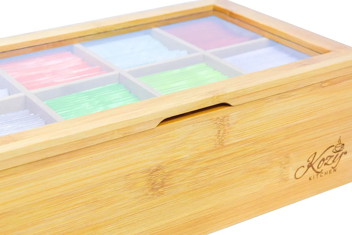 Kozy Kitchen Tea Box Storage Organizer | Large 8-Compartments Bamboo Tea Chest with Clear Hinged Lid, Wooden Finish - view 5