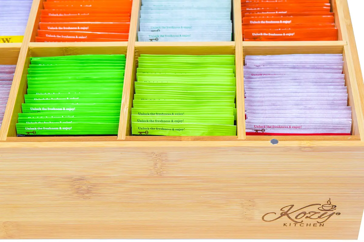 Kozy Kitchen Tea Box Storage Organizer | Large 8-Compartments Bamboo Tea Chest with Clear Hinged Lid, Wooden Finish - view 6