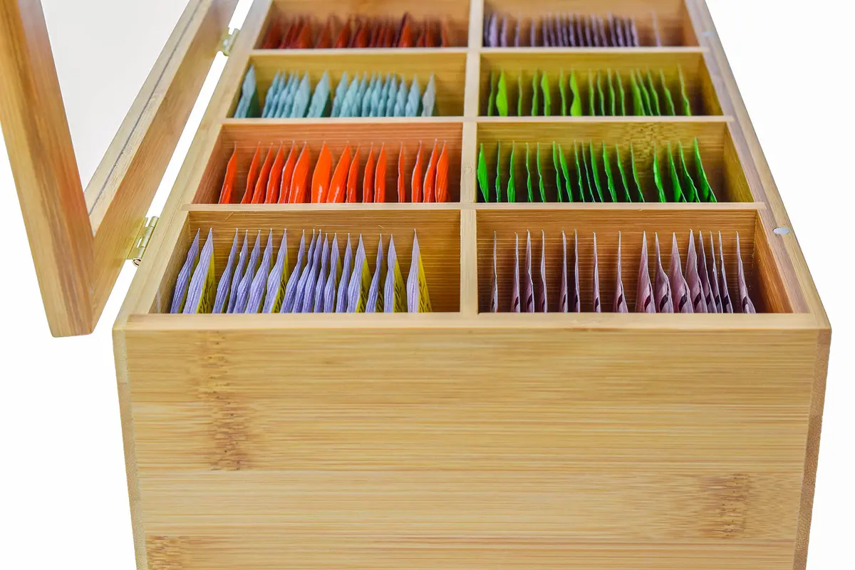 Kozy Kitchen Tea Box Storage Organizer | Large 8-Compartments Bamboo Tea Chest with Clear Hinged Lid, Wooden Finish - view 7