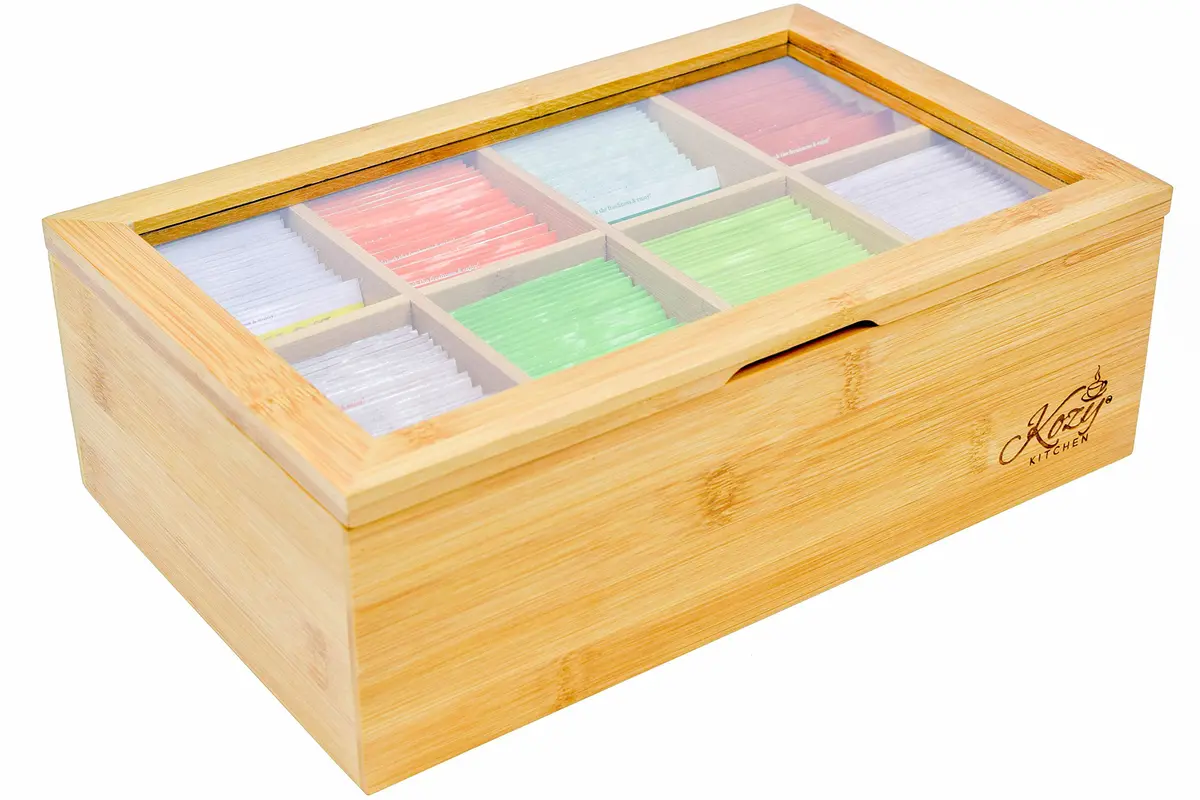 Kozy Kitchen Tea Box Storage Organizer | Large 8-Compartments Bamboo Tea Chest with Clear Hinged Lid, Wooden Finish - view 2