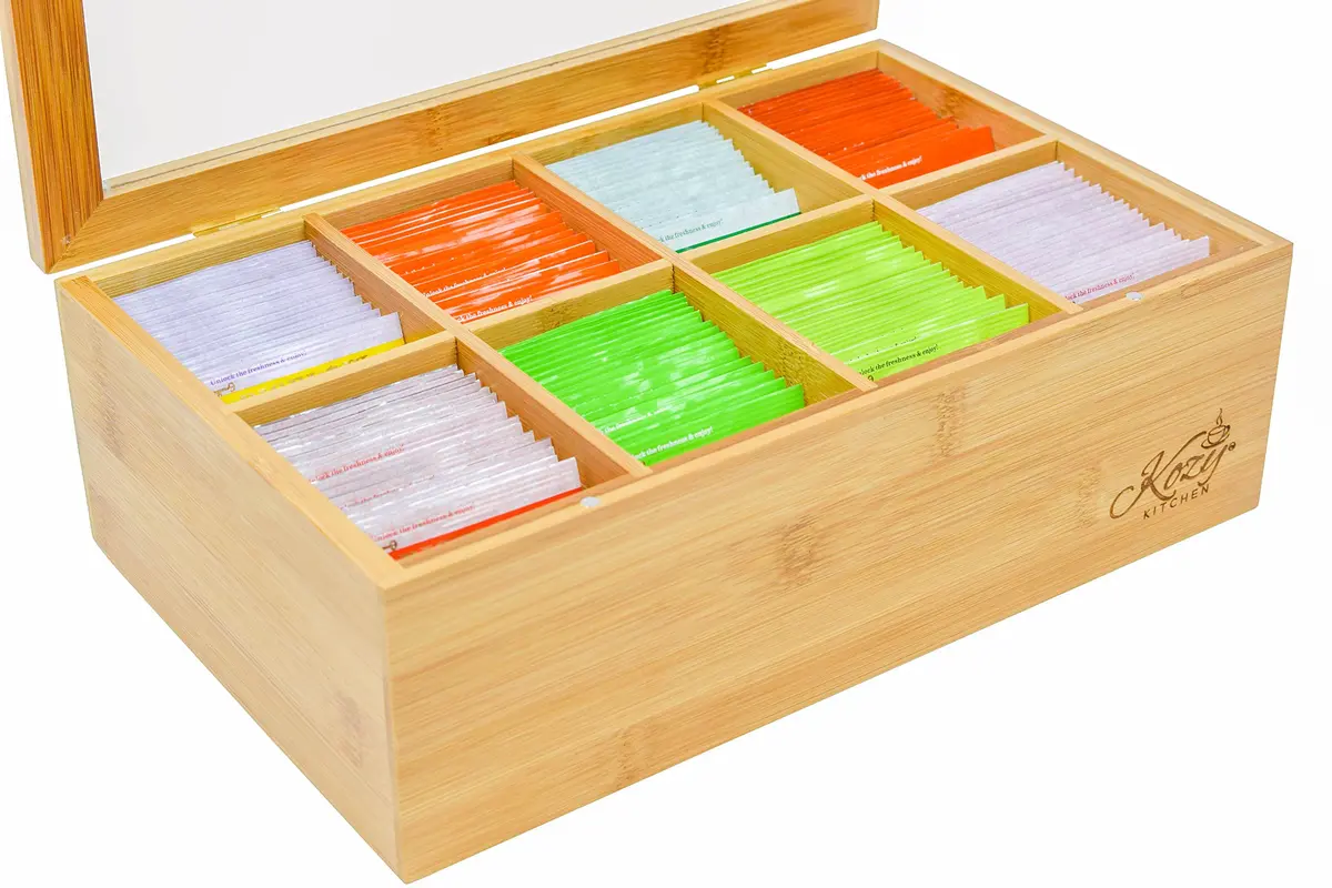 Kozy Kitchen Tea Box Storage Organizer | Large 8-Compartments Bamboo Tea Chest with Clear Hinged Lid, Wooden Finish - view 3