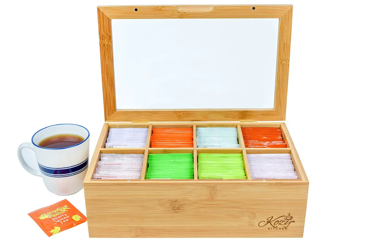 Kozy Kitchen Tea Box Storage Organizer | Large 8-Compartments Bamboo Tea Chest with Clear Hinged Lid, Wooden Finish - view 4