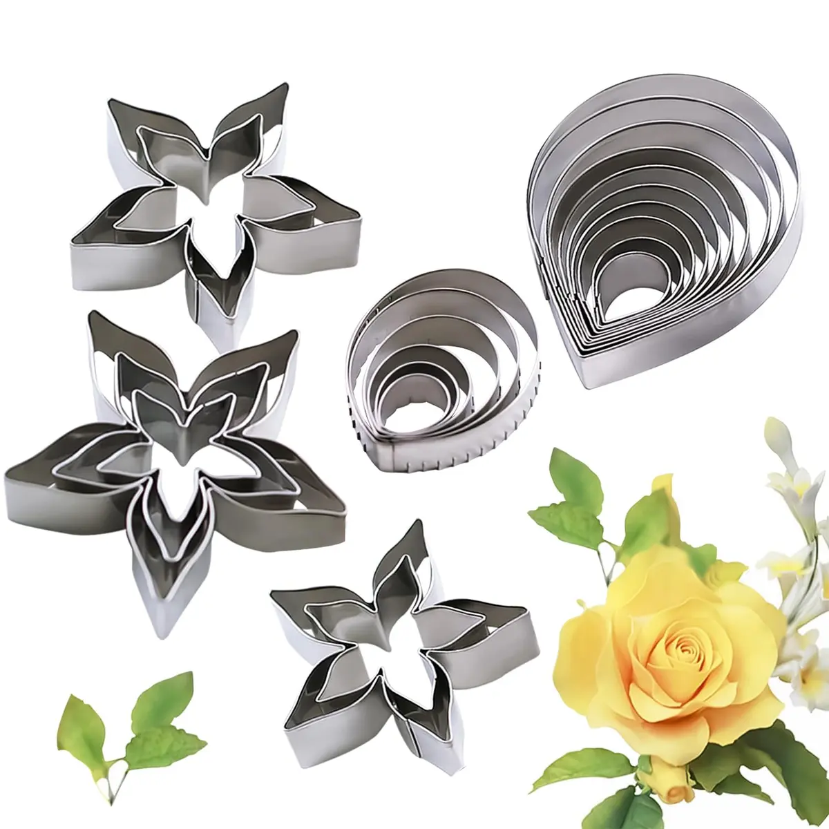 KALAIEN 23pcs Rose Petal Cutter Set for Fondant & Gum Paste | Stainless Steel Flower Moulds - main product image