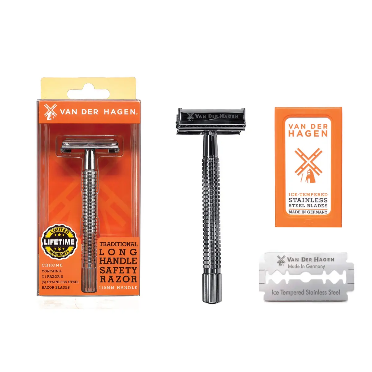 Van Der Hagen Safety Razor Kit 110MM | Heavy-Duty Chrome Handle, Easy Blade Replacement - main product image