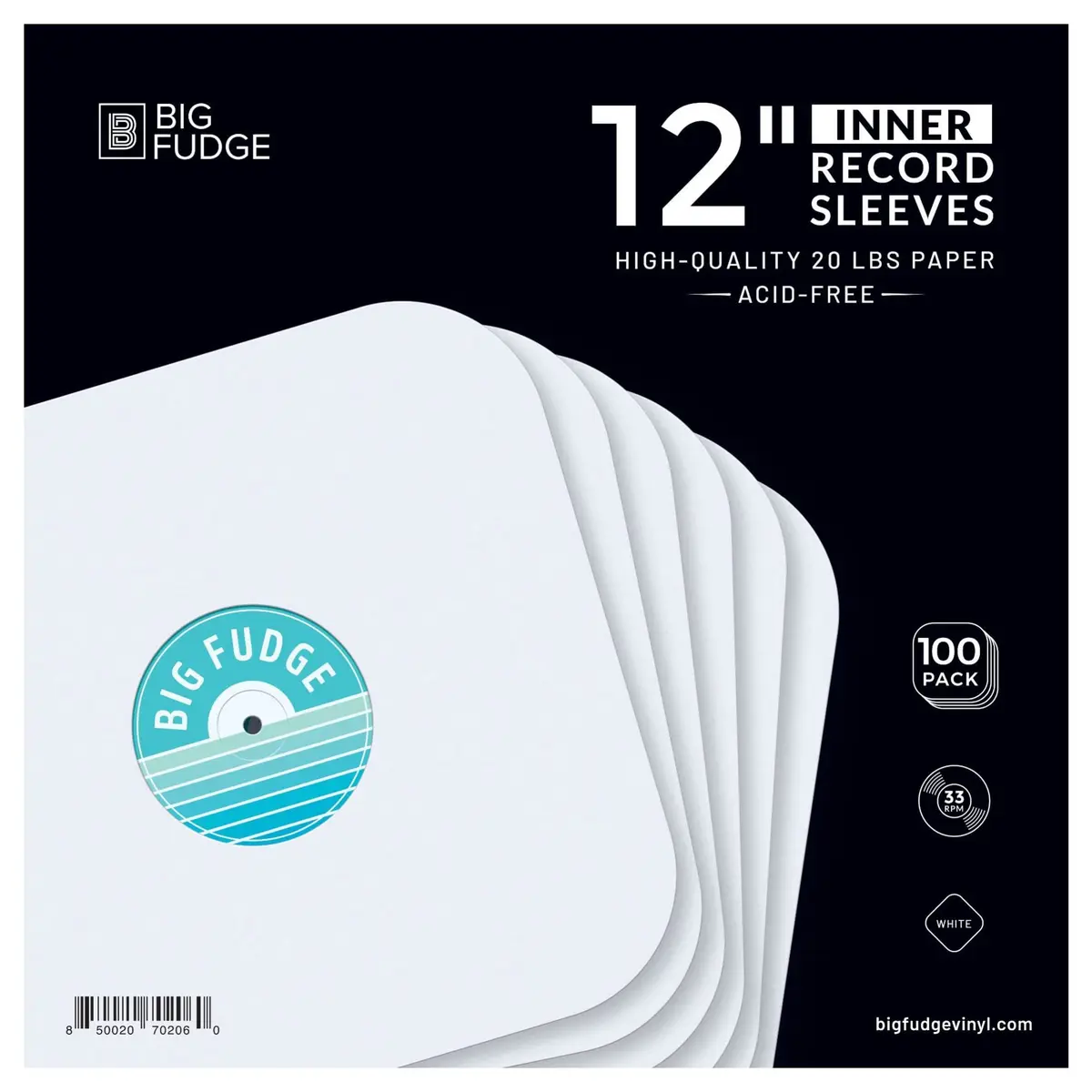 Big Fudge 12" Vinyl Record Inner Sleeves 100 Pack | Heavyweight Acid Free Paper LP Album Protection - main product image