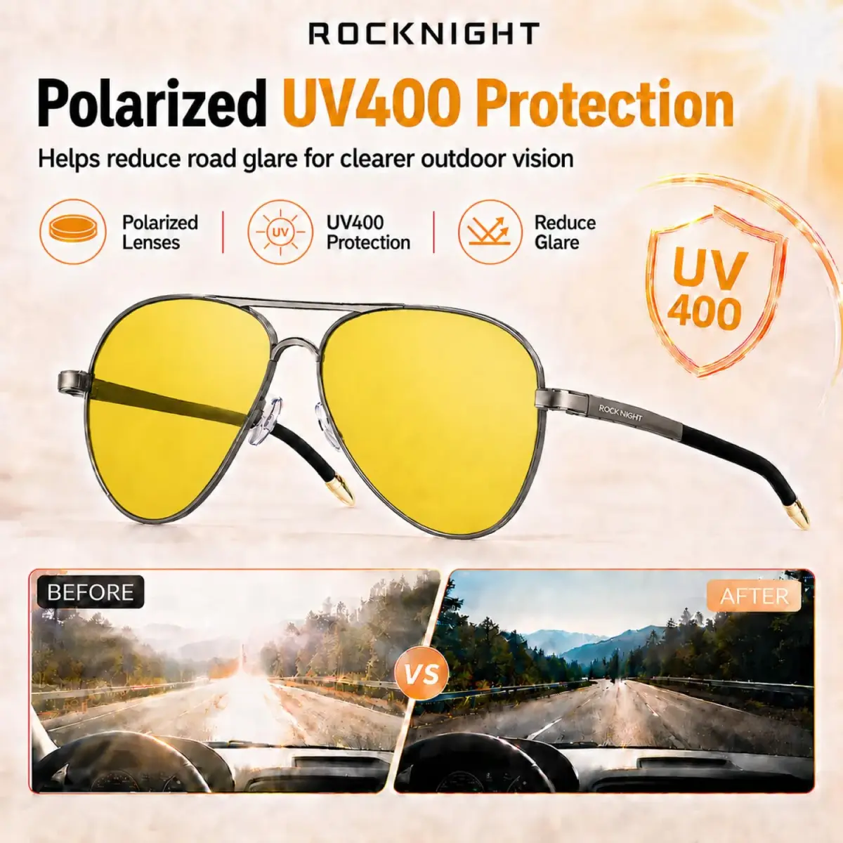 ROCKNIGHT Polarized Aviator Sunglasses Men Women UV400 Metal Frame Driving | Lightweight & Adjustable Fit - view 3