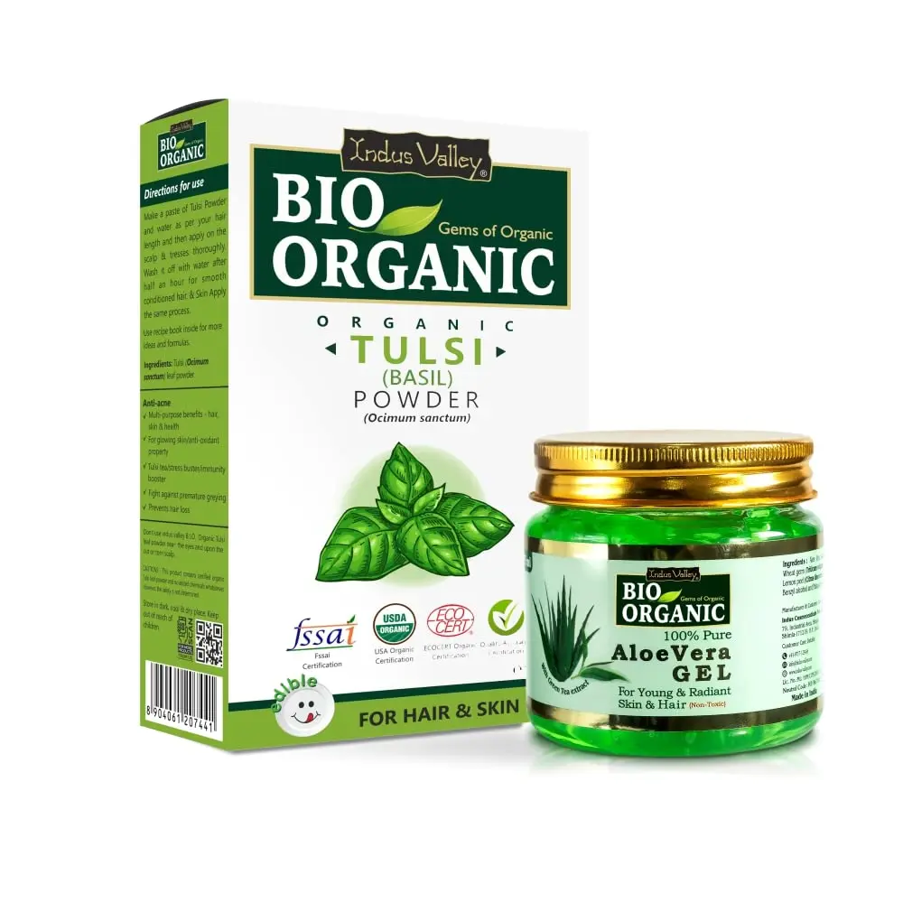 INDUS VALLEY Natural Tulsi Leaf Powder & Organic Aloe Vera Gel Combo | 100g Powder + 175ml Gel | Skin & Hair Care - main product image