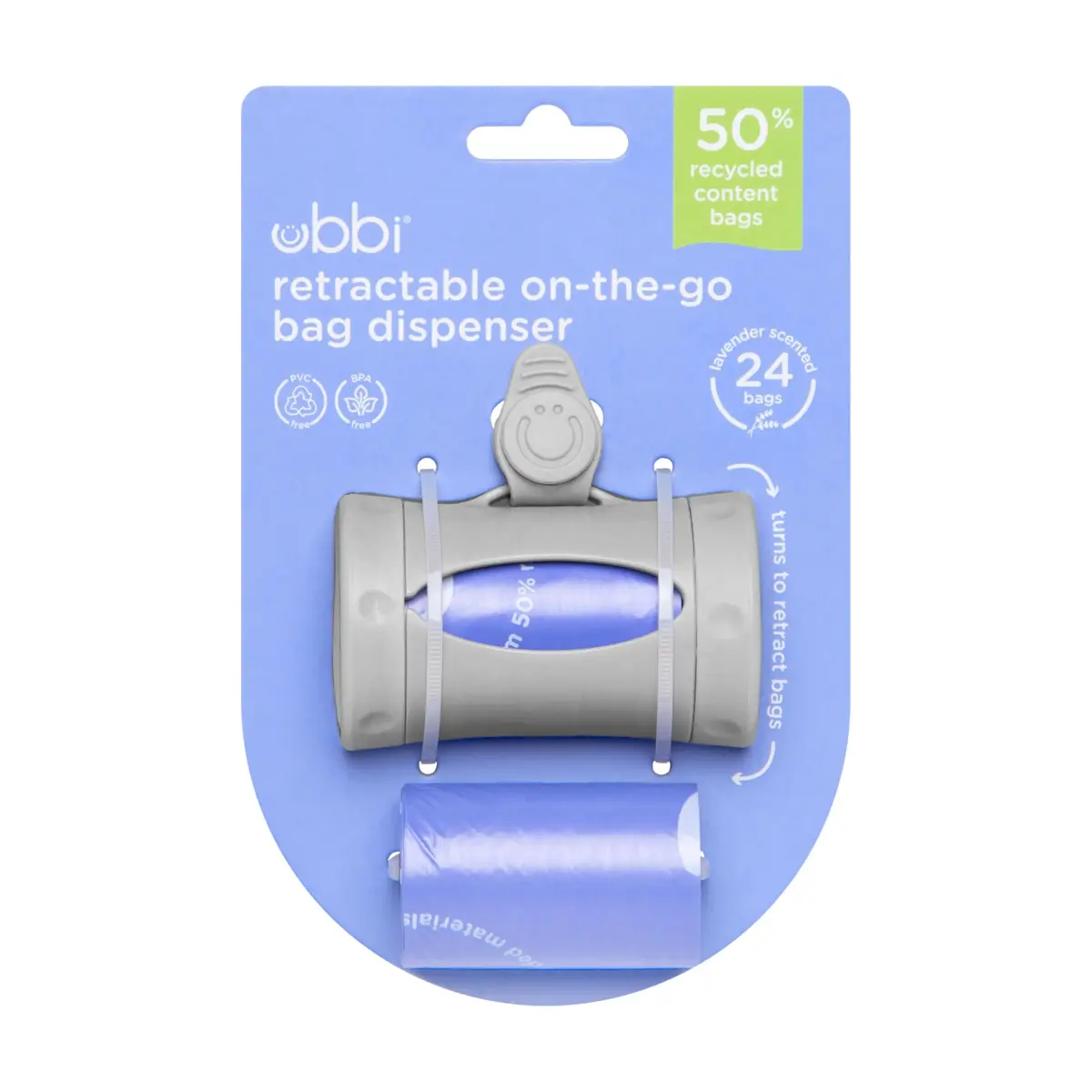 Ubbi Retractable Diaper Bag Dispenser with Lavender Bags | Gray, 1 Dispenser + 24 Bags - view 8
