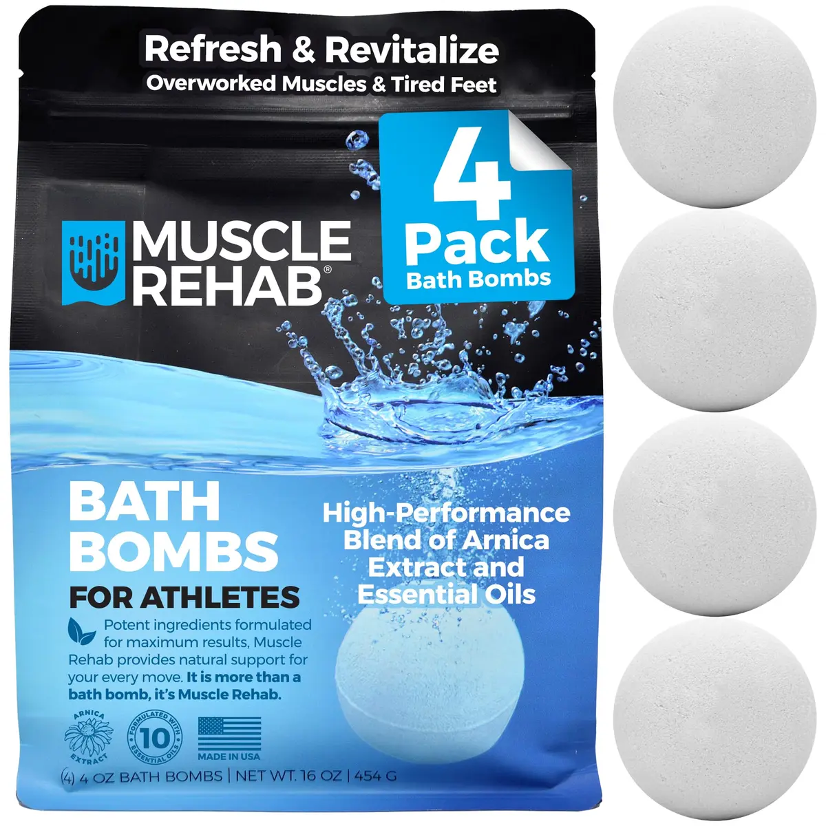 Muscle Rehab Epsom Salt Bath Bombs - Magnesium Recovery Soak 4 Pack | Post-Workout Muscle Relief - main product image
