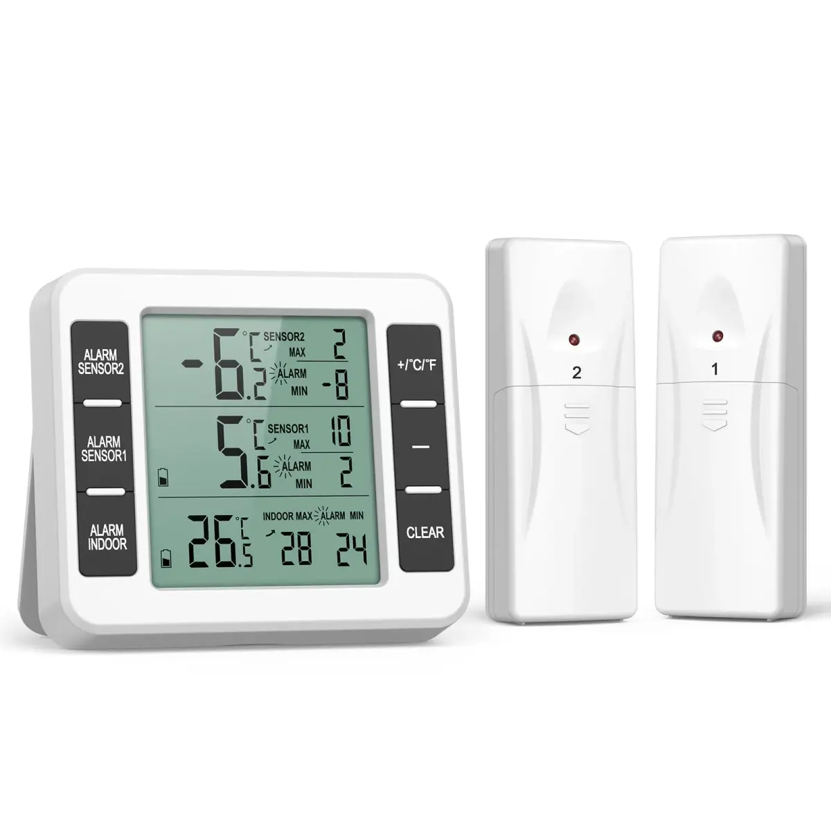 ORIA Wireless Refrigerator Thermometer with 2 Sensors & Audible Alarm, Indoor/Outdoor, LCD Display, 30m Range | 3.7in Main Unit - main product image