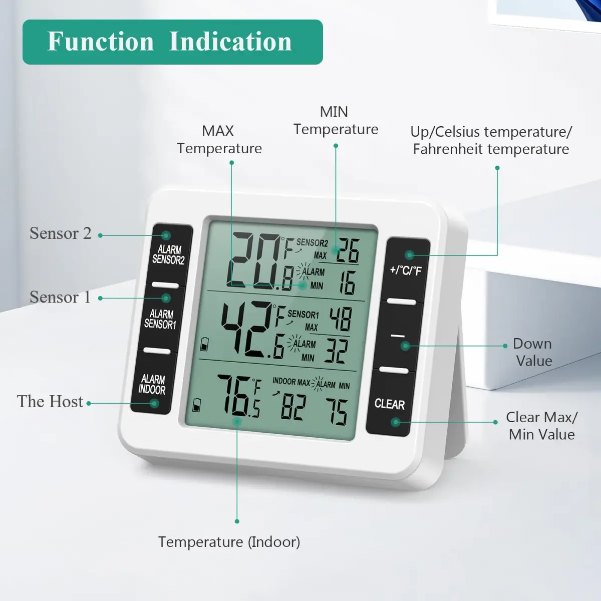 ORIA Wireless Refrigerator Thermometer with 2 Sensors & Audible Alarm, Indoor/Outdoor, LCD Display, 30m Range | 3.7in Main Unit - view 5