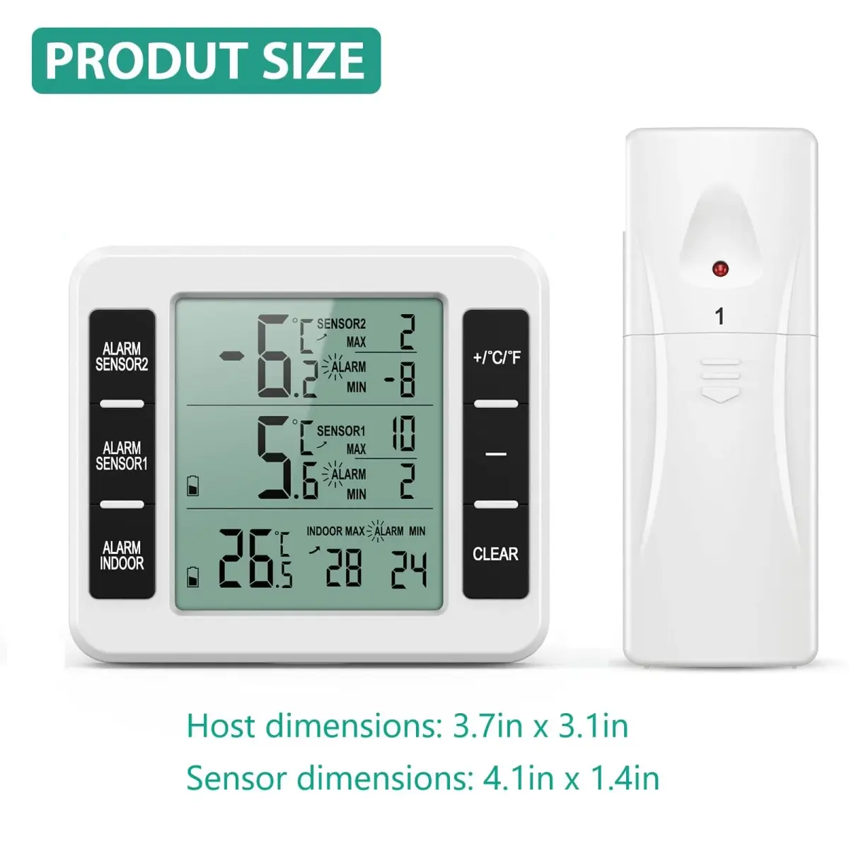 ORIA Wireless Refrigerator Thermometer with 2 Sensors & Audible Alarm, Indoor/Outdoor, LCD Display, 30m Range | 3.7in Main Unit - view 7