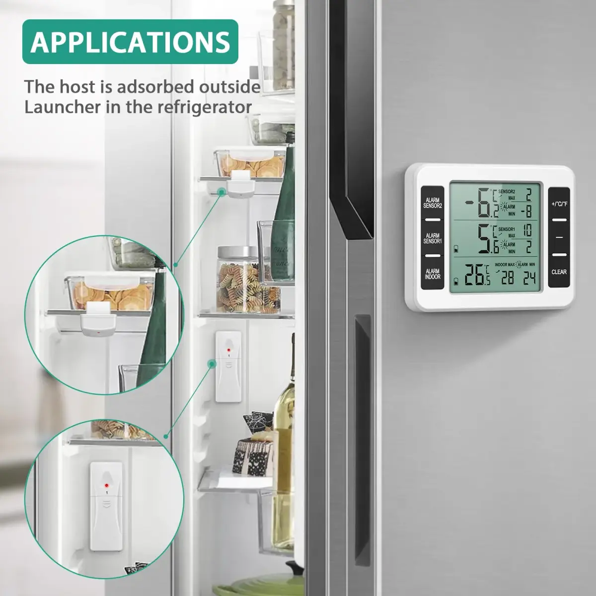ORIA Wireless Refrigerator Thermometer with 2 Sensors & Audible Alarm, Indoor/Outdoor, LCD Display, 30m Range | 3.7in Main Unit - view 2
