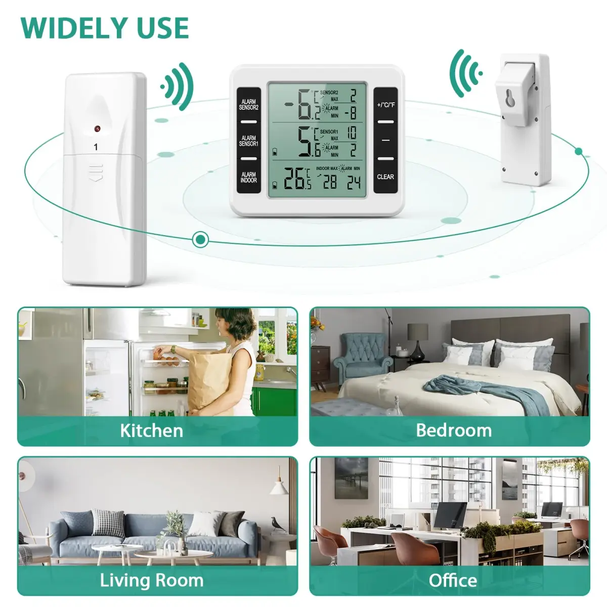 ORIA Wireless Refrigerator Thermometer with 2 Sensors & Audible Alarm, Indoor/Outdoor, LCD Display, 30m Range | 3.7in Main Unit - view 4