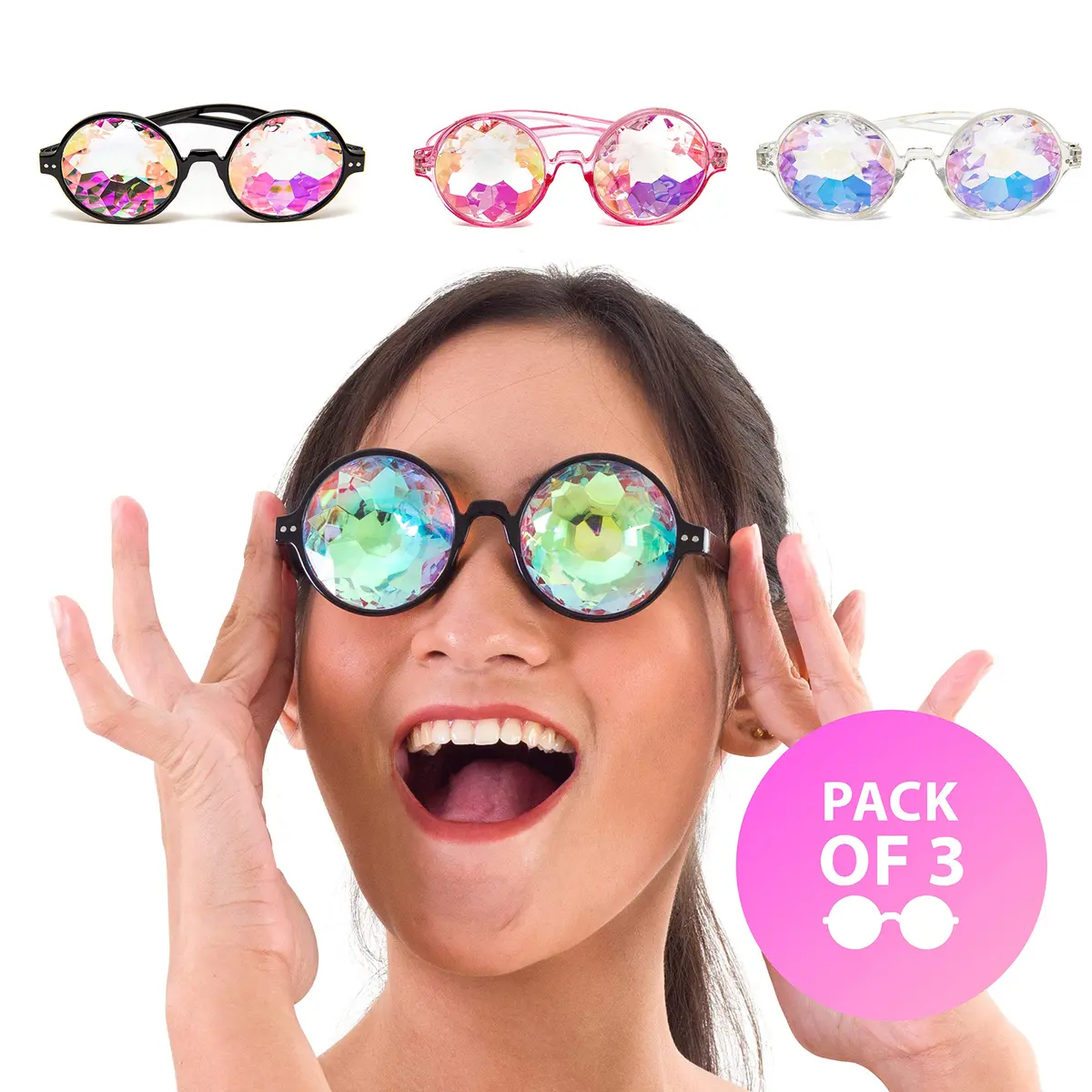 SoJourner Kaleidoscope Glasses Trippy Psychedelic Prism Glasses 3 Pack | Festival Rave Eyewear - view 2