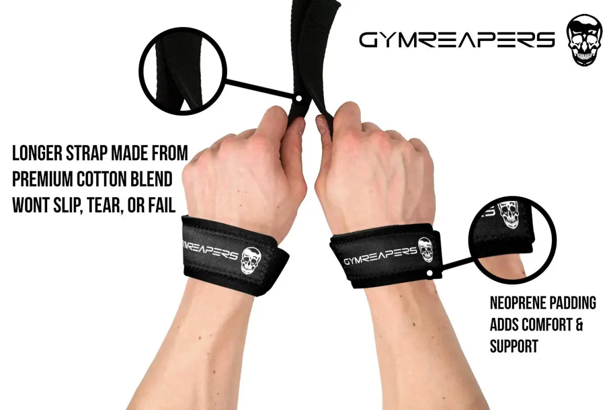 Gymreapers Lifting Wrist Straps for Weightlifting, Bodybuilding, Powerlifting, Strength Training, & Deadlifts - Padded Neoprene with 18" Cotton (Black) | 2 Pack - view 2