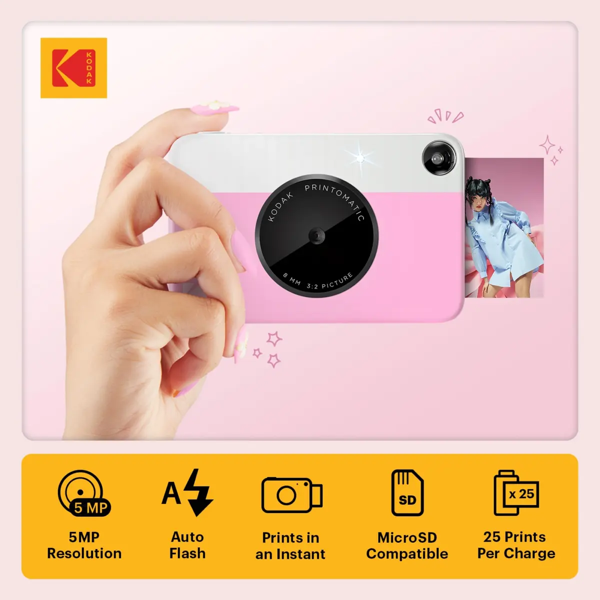 KODAK Printomatic Instant Print Camera Pink | 5MP Digital Camera with Zink Photo Paper & Sticky Back - view 2