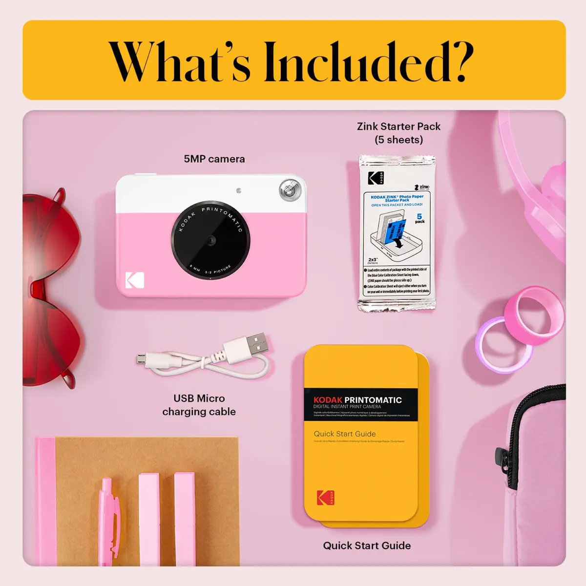 KODAK Printomatic Instant Print Camera Pink | 5MP Digital Camera with Zink Photo Paper & Sticky Back - view 3