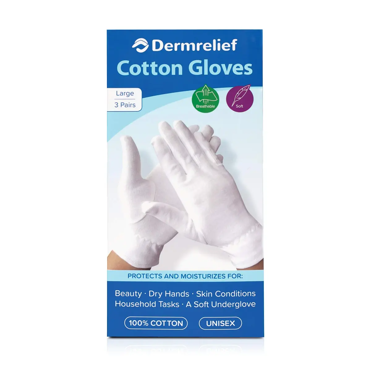 Dermrelief Organic Cotton Gloves for Dry Hands, Eczema & Psoriasis Relief (Large, 3 Pairs, White) | Moisturizing Gloves for Overnight Use - view 3