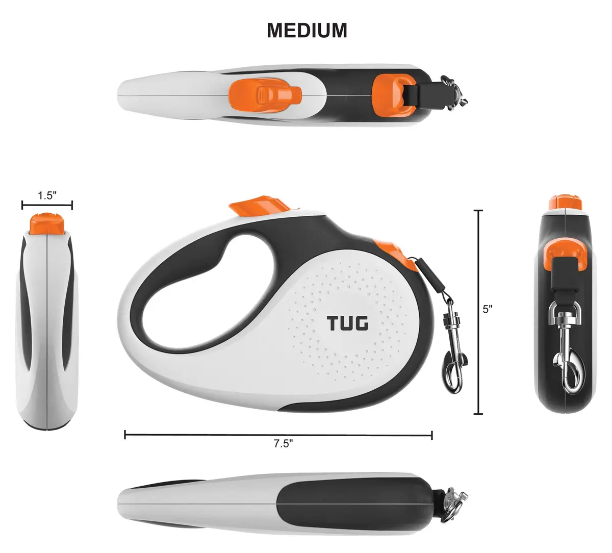 TUG Original Retractable Dog Leash 16 ft | Medium, White/Orange | Tangle-Free, Ergonomic Handle - view 2