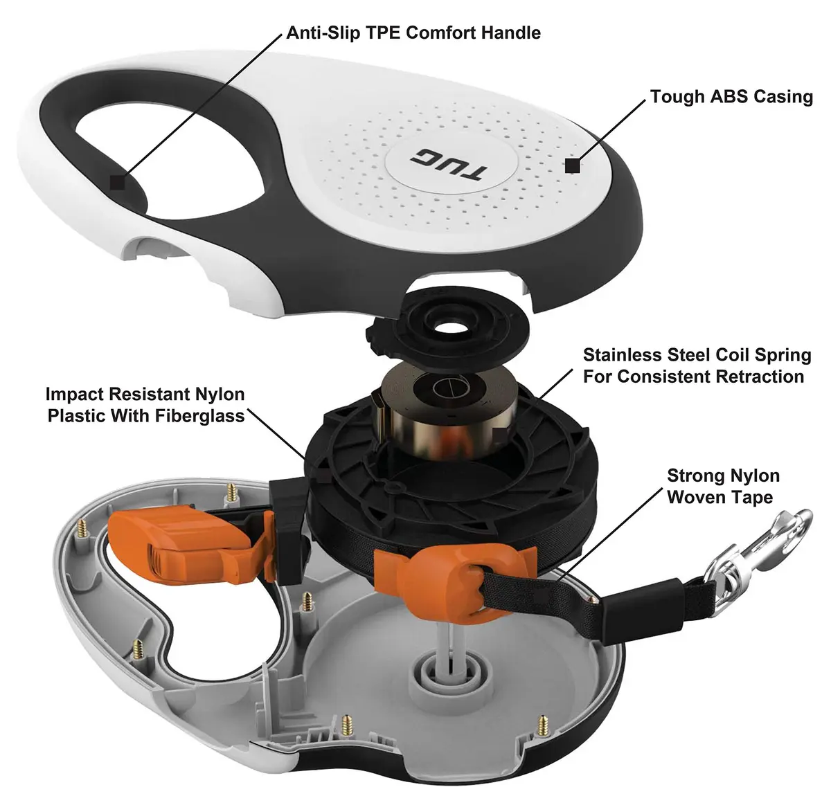 TUG Original Retractable Dog Leash, 16 ft (Large, White/Orange) | Tangle-Free 360° Tape Movement - view 5
