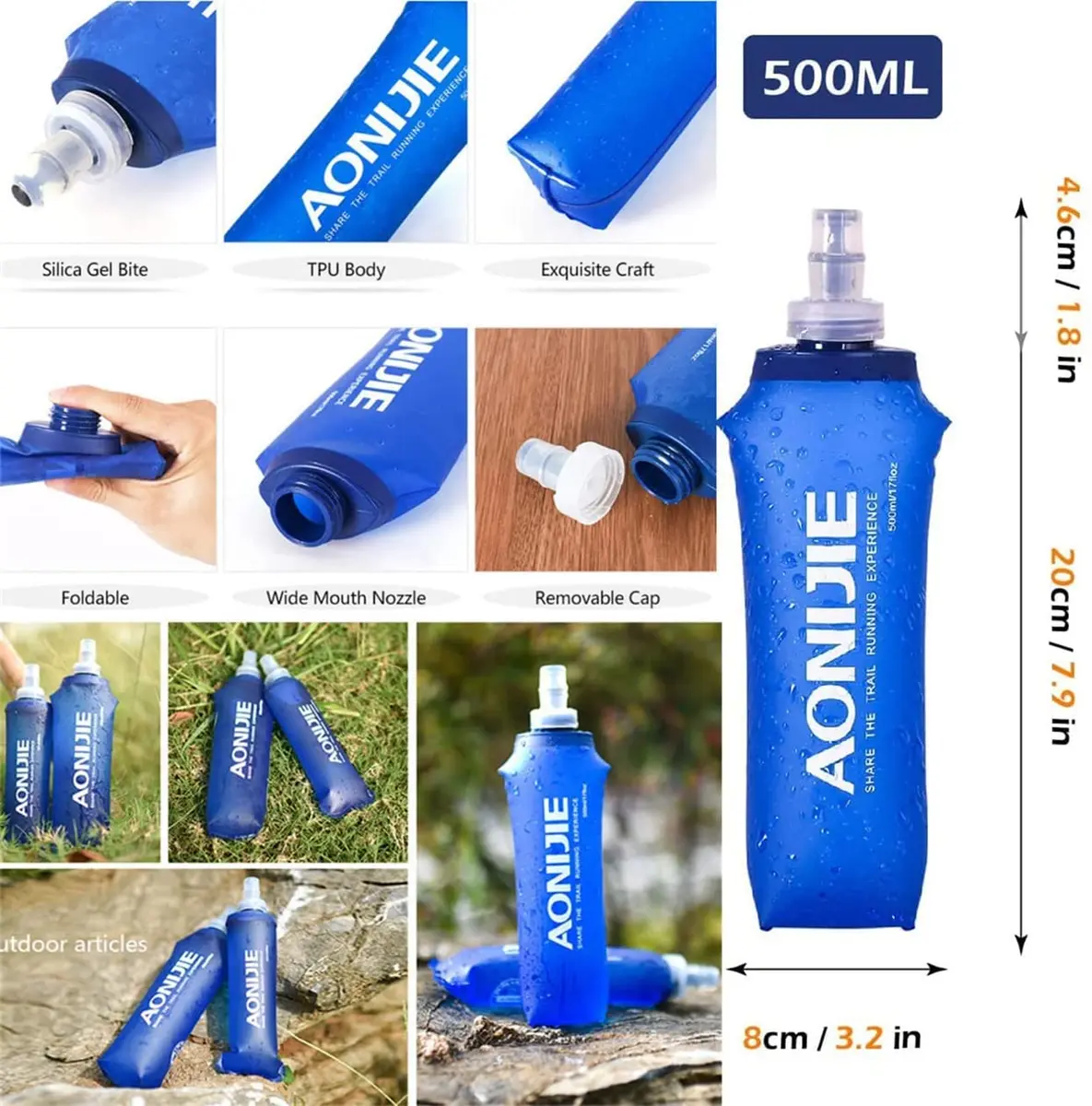 AONIJIE Foldable Soft Flask Water Bottle 250mL (8.45 Fl Oz) 2-Pack | Lightweight & Collapsible for Running & Hiking - view 7