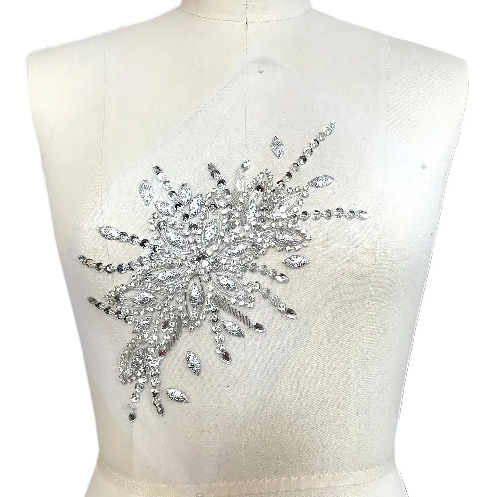 succi shan Fabric Applique Patch 16x28cm | Bright Silver Embroidered Beaded Rhinestone - main product image