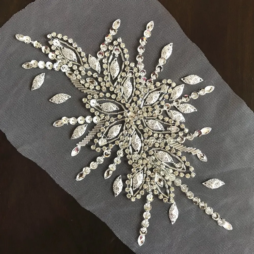 succi shan Fabric Applique Patch 16x28cm | Bright Silver Embroidered Beaded Rhinestone - view 2