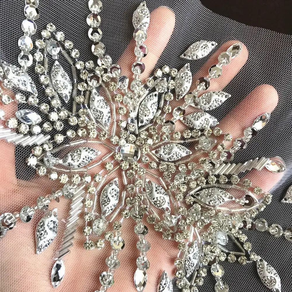 succi shan Fabric Applique Patch 16x28cm | Bright Silver Embroidered Beaded Rhinestone - view 3
