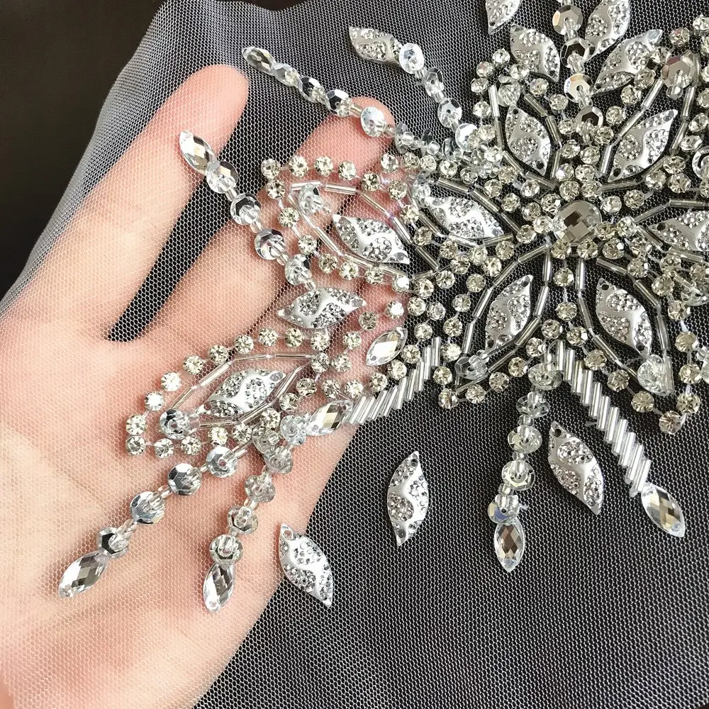succi shan Fabric Applique Patch 16x28cm | Bright Silver Embroidered Beaded Rhinestone - view 4