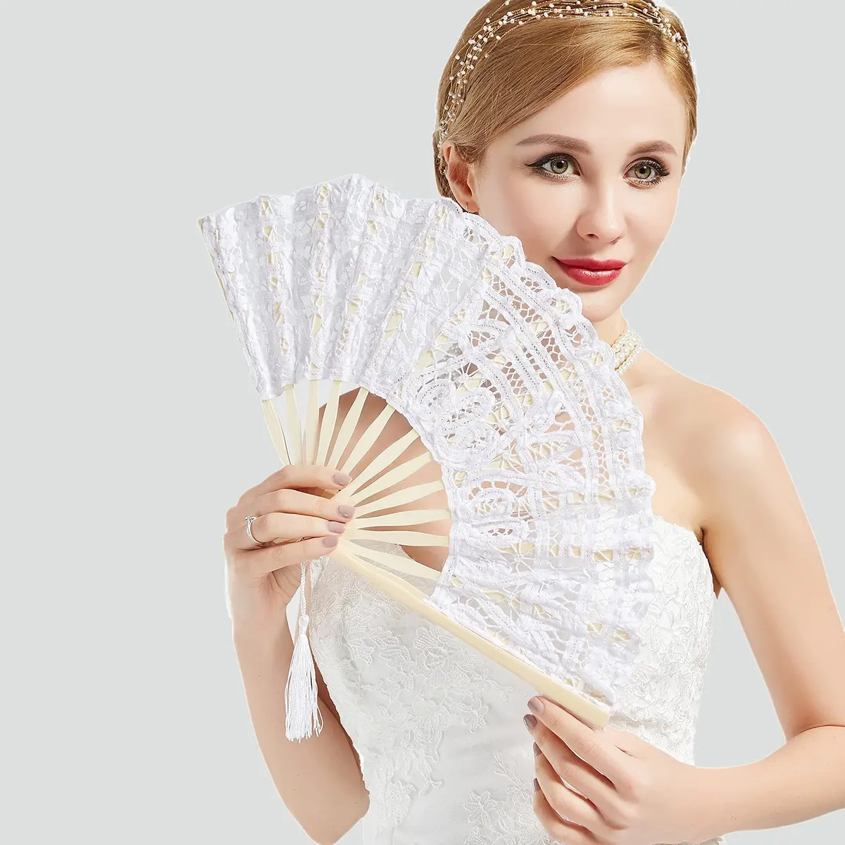 BABEYOND Cotton Lace Folding Hand Fan, Bamboo Wedding Dance Party Decor | Elegant, Handcrafted, Lightweight - view 2