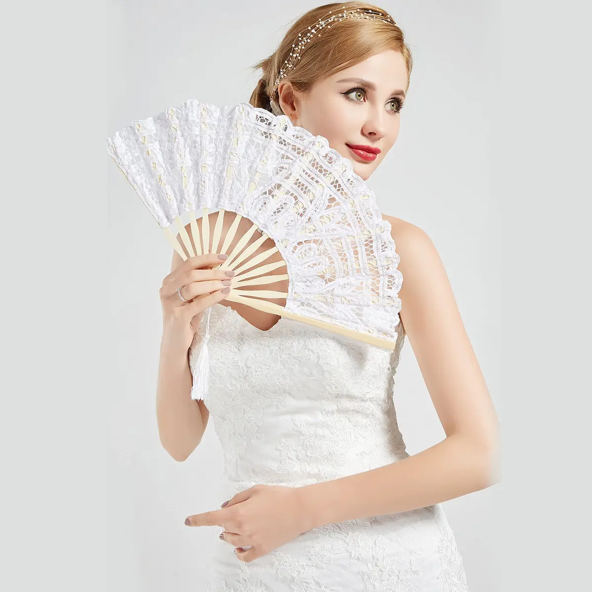 BABEYOND Cotton Lace Folding Hand Fan, Bamboo Wedding Dance Party Decor | Elegant, Handcrafted, Lightweight - view 3