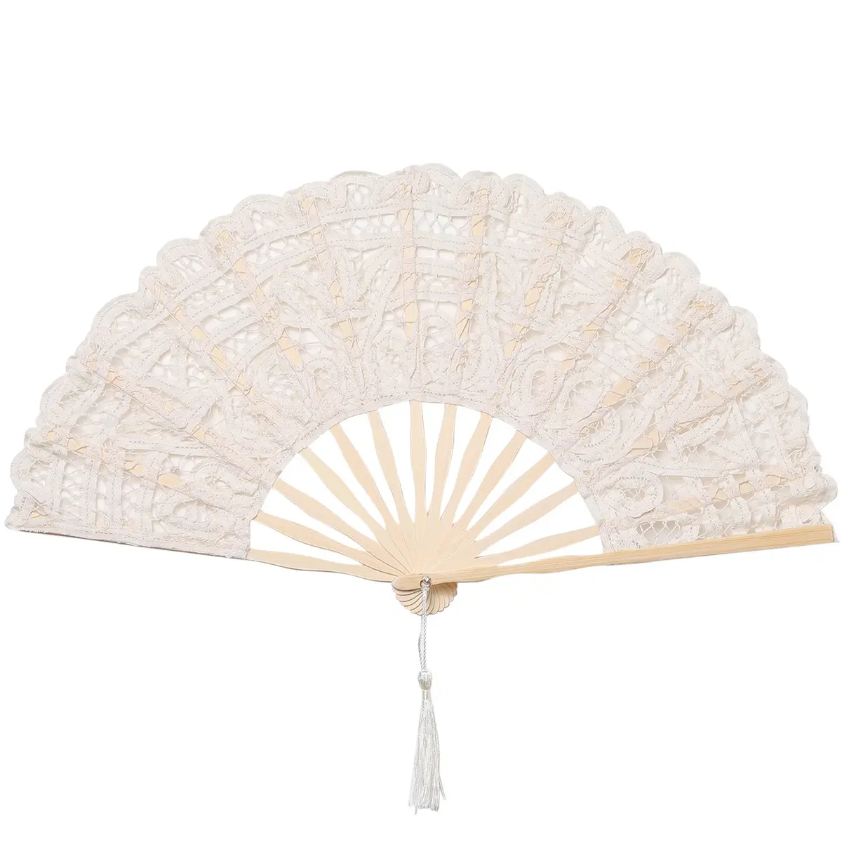 BABEYOND Cotton Lace Folding Hand Fan with Bamboo Frame & Tassel, 26cm Closed | Elegant Bridal Accessory for Weddings & Parties - main product image