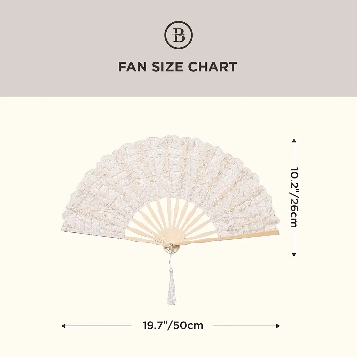 BABEYOND Cotton Lace Folding Hand Fan with Bamboo Frame & Tassel, 26cm Closed | Elegant Bridal Accessory for Weddings & Parties - view 6