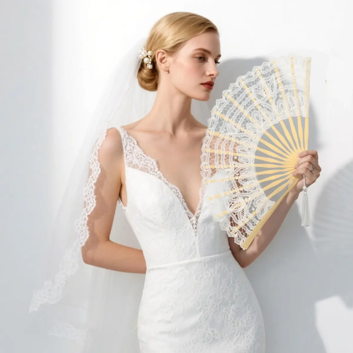 BABEYOND Cotton Lace Folding Hand Fan with Bamboo Frame & Tassel, 26cm Closed | Elegant Bridal Accessory for Weddings & Parties - view 2