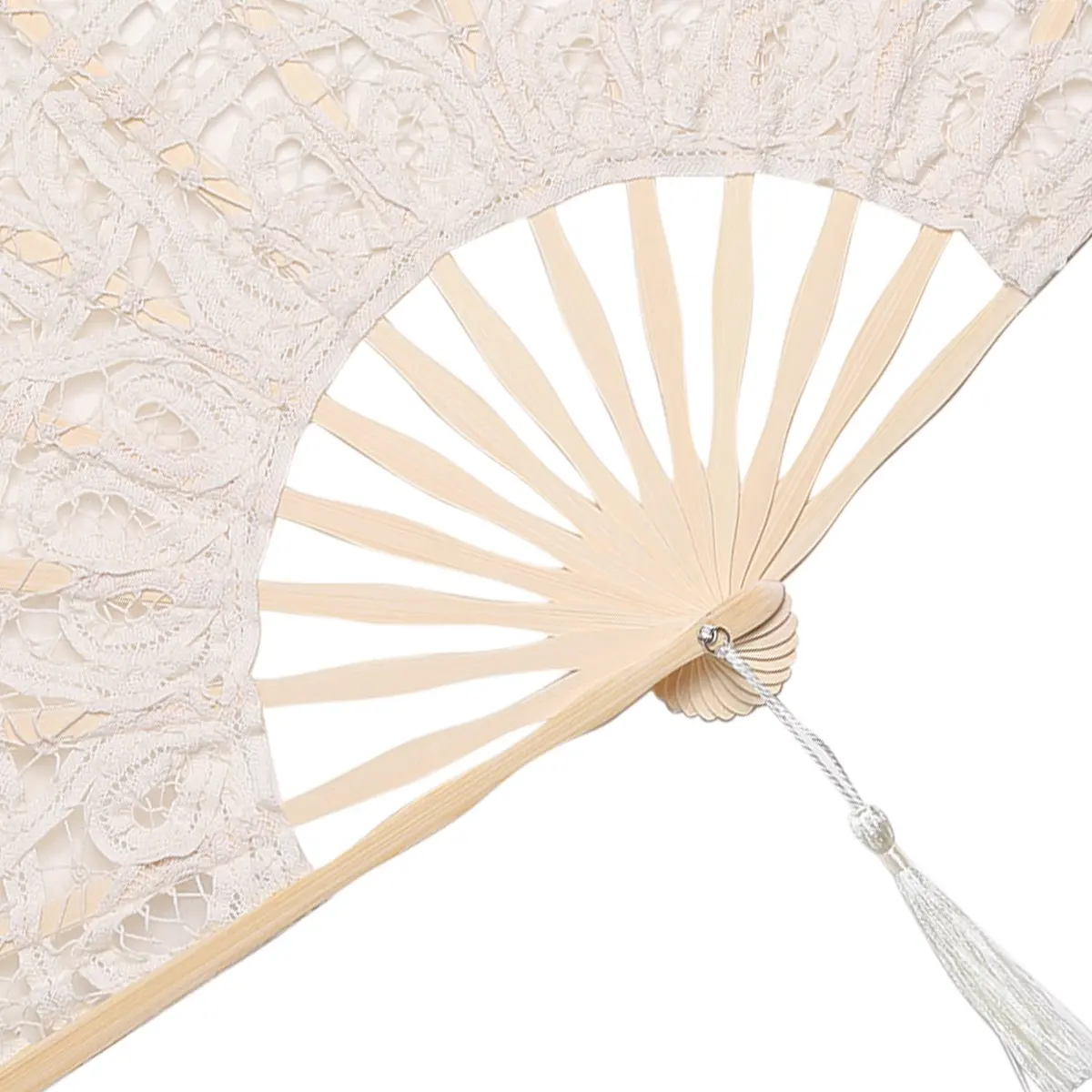 BABEYOND Cotton Lace Folding Hand Fan with Bamboo Frame & Tassel, 26cm Closed | Elegant Bridal Accessory for Weddings & Parties - view 4