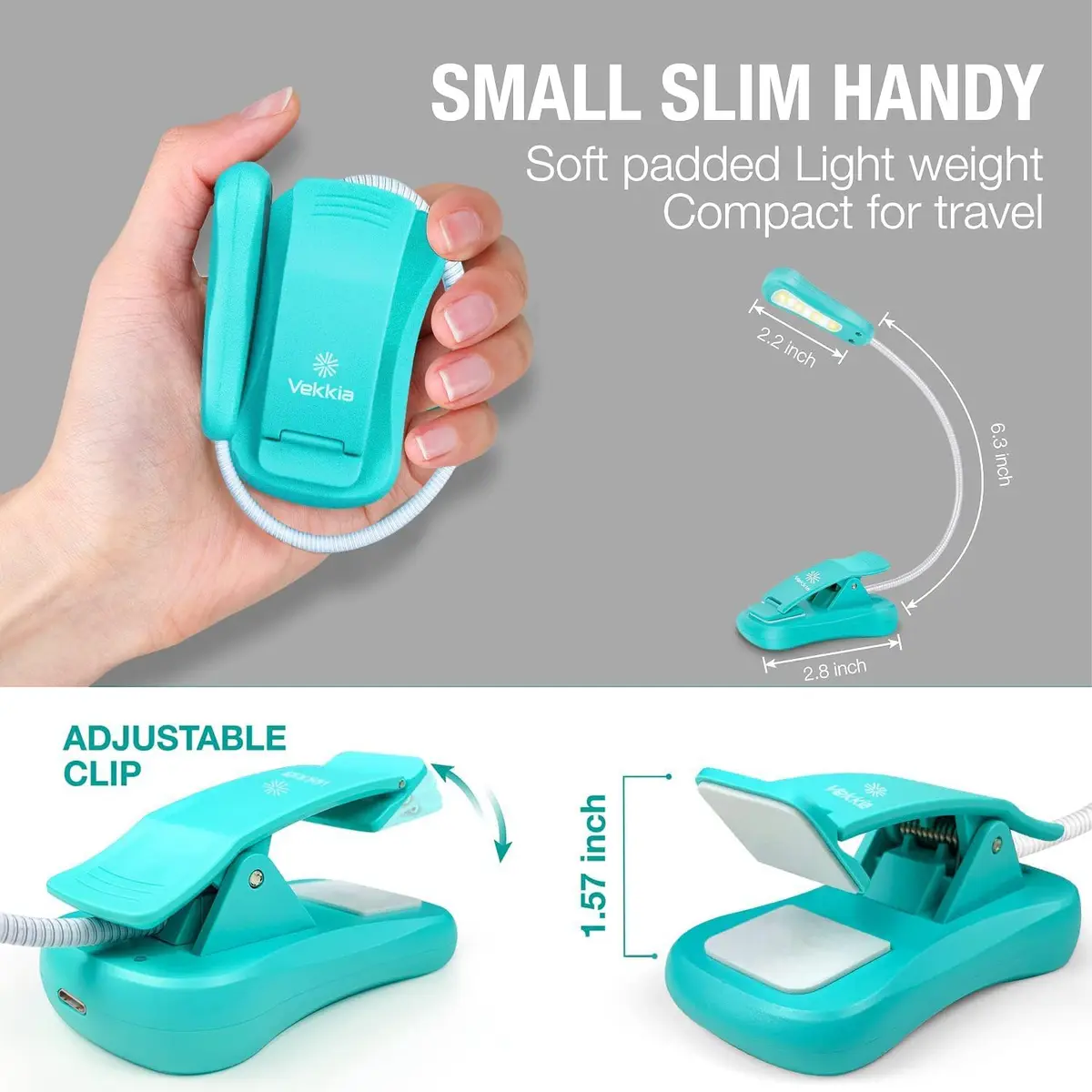 Vekkia Rechargeable Book Light Blue 10.5cm (4.1in) | 3 Color x 3 Brightness, 70 Hours Lighting - view 3